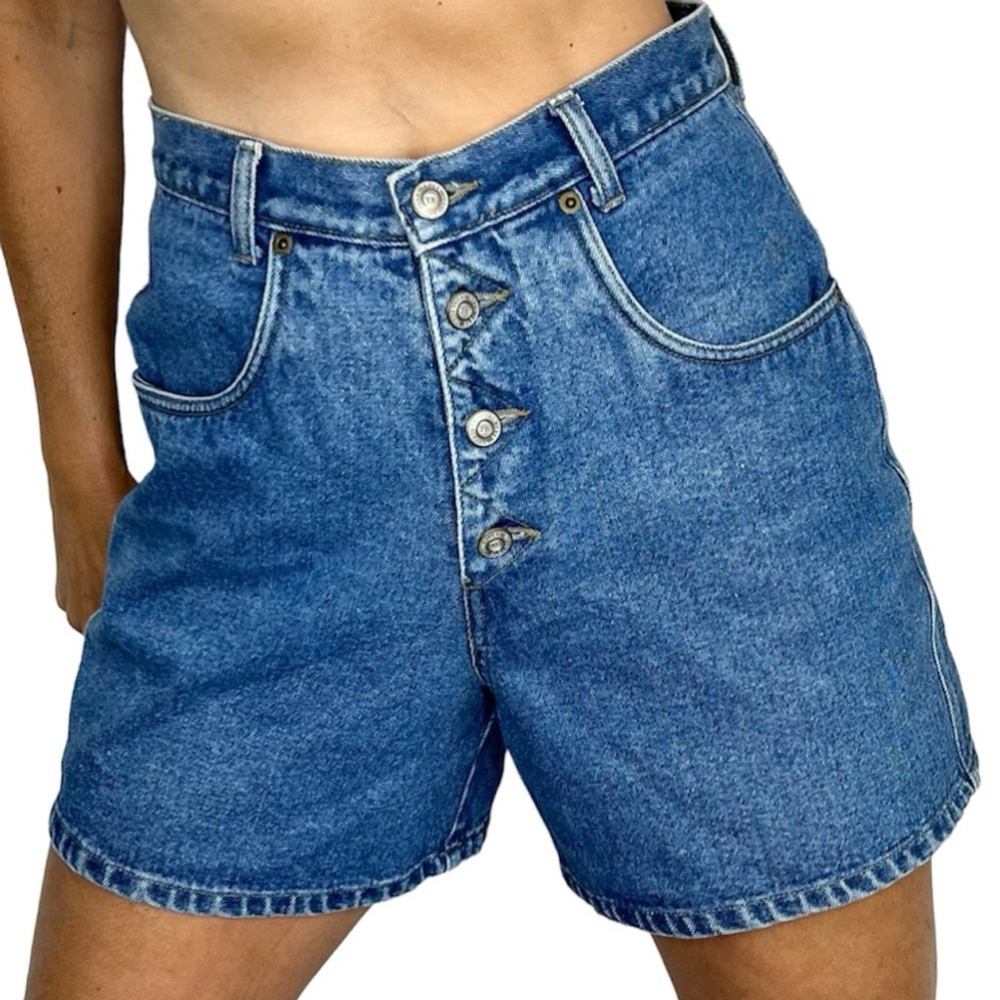 Vintage high rise exposed button fly 100% cotton denim jean shorts 7